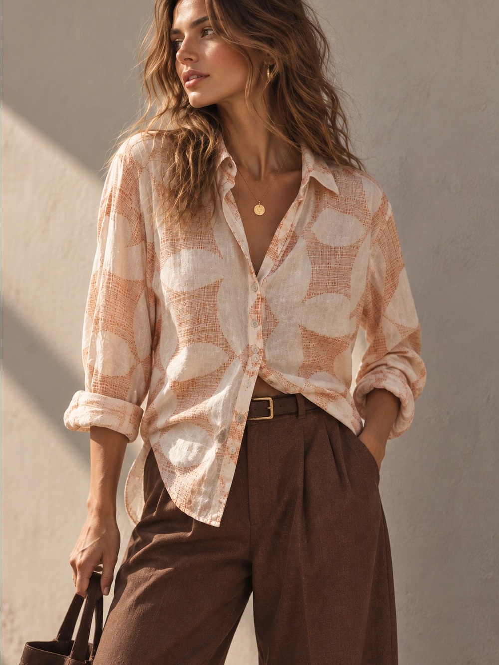 Joie 100% Linen Peach Cream Abstract Print Button Down Shirt Size L